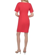 DKNY by Donna Karan Petite Size Short Tulip Sleeve Boat Neck Ruched Waist Sheath Dress