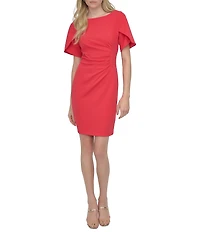 DKNY by Donna Karan Petite Size Short Tulip Sleeve Boat Neck Ruched Waist Sheath Dress