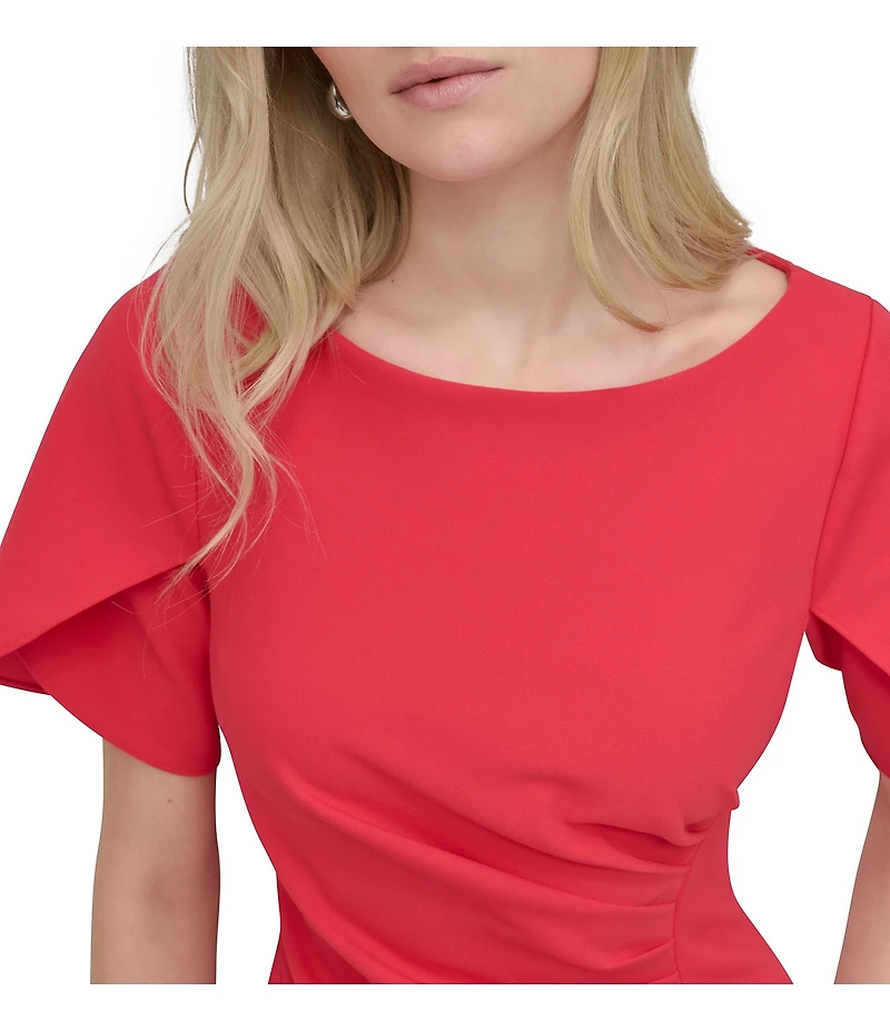DKNY by Donna Karan Petite Size Short Tulip Sleeve Boat Neck Ruched Waist Sheath Dress