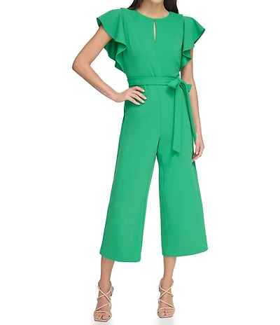 DKNY by Donna Karan Petite Size Short Flutter Sleeve Keyhole Crew Neck Belted Wide Leg Cropped Jumpsuit