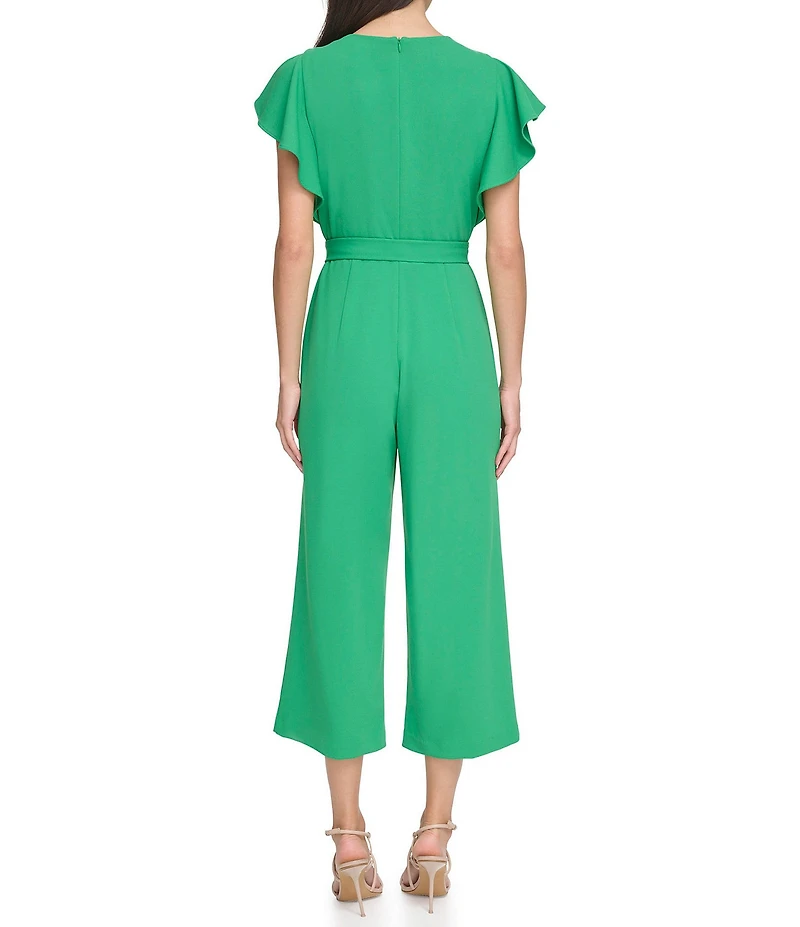 DKNY by Donna Karan Petite Size Short Flutter Sleeve Keyhole Crew Neck Belted Wide Leg Cropped Jumpsuit
