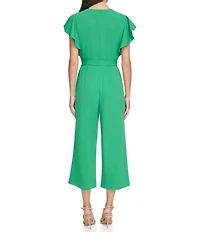 DKNY by Donna Karan Petite Size Short Flutter Sleeve Keyhole Crew Neck Belted Wide Leg Cropped Jumpsuit