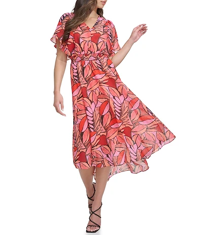 DKNY by Donna Karan Petite Size Short Flutter Sleeve V-Neck Printed Fit and Flare Midi Dress