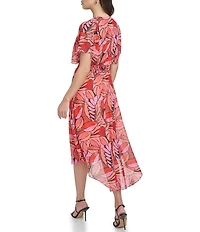 DKNY by Donna Karan Petite Size Short Flutter Sleeve V-Neck Printed Fit and Flare Midi Dress