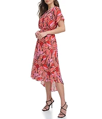 DKNY by Donna Karan Petite Size Short Flutter Sleeve V-Neck Printed Fit and Flare Midi Dress