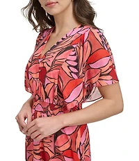 DKNY by Donna Karan Petite Size Short Flutter Sleeve V-Neck Printed Fit and Flare Midi Dress