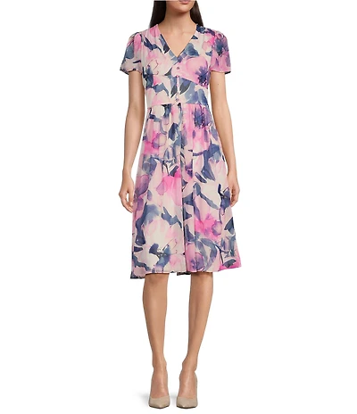 DKNY by Donna Karan Petite Size Short Sleeve V-Neck Floral Crinkle Chiffon Fit And Flare Dress