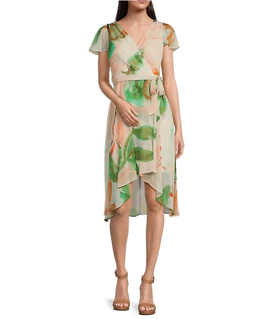 DKNY by Donna Karan Petite Size Short Sleeve V-Neck Tie Waist Printed Chiffon Faux Wrap Dress