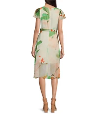 DKNY by Donna Karan Petite Size Short Sleeve V-Neck Tie Waist Printed Chiffon Faux Wrap Dress