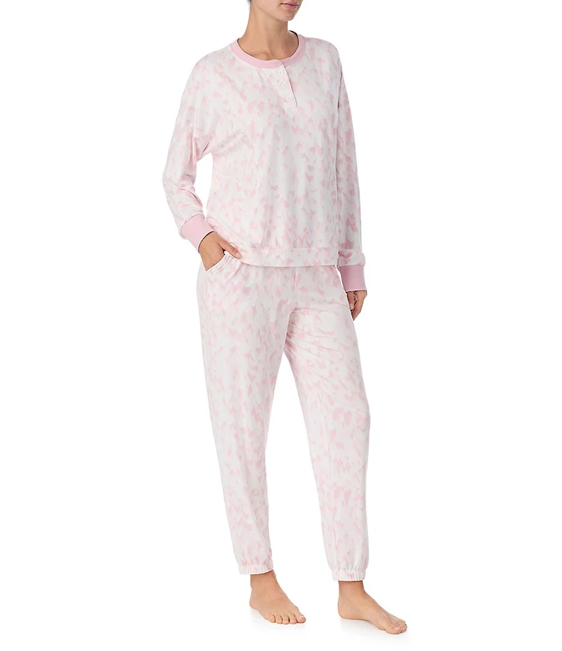 DKNY Dot Print Long Sleeve Henley Neck Jogger Long Cozy Jersey Pajama Set