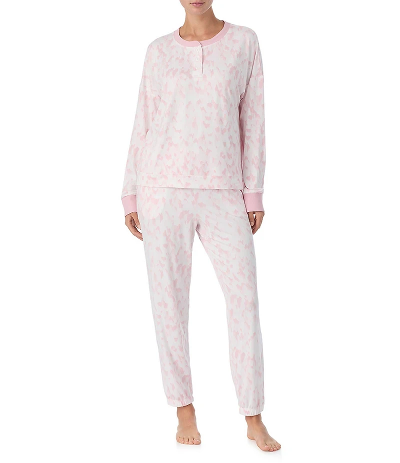 DKNY Dot Print Long Sleeve Henley Neck Jogger Long Cozy Jersey Pajama Set