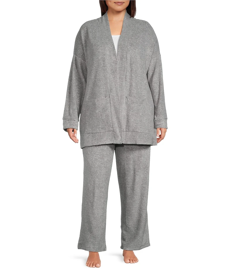 DKNY Plus Size Long Sleeve Open Collar Cardigan & Pant Fleece Set