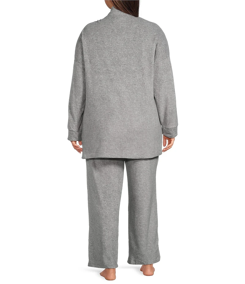 DKNY Plus Size Long Sleeve Open Collar Cardigan & Pant Fleece Set