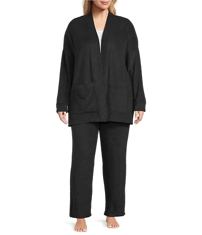 DKNY Plus Size Long Sleeve Open Collar Cardigan & Pant Coordinating Fleece Set