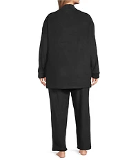 DKNY Plus Size Long Sleeve Open Collar Cardigan & Pant Fleece Set