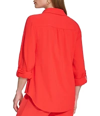 DKNY by Donna Karan Point Collar Roll Tab 3/4 Sleeve Button Down Shirt