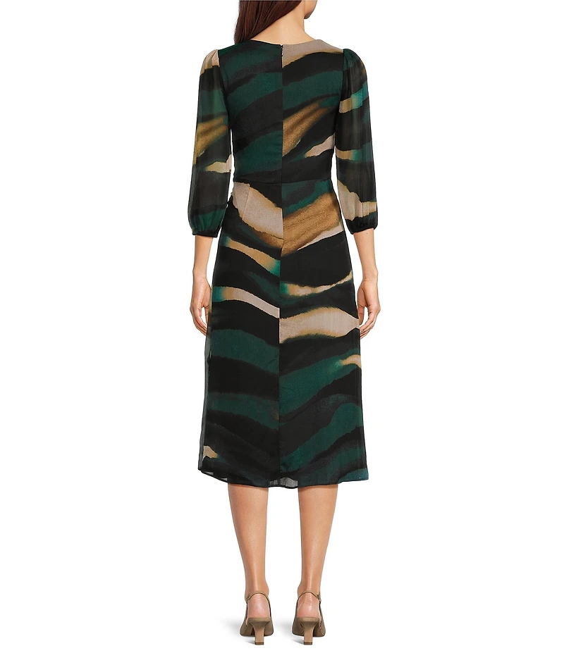 DKNY by Donna Karan Printed V-Neck 3/4 Balloon Sleeve Knot Side Flounce Hem Dress