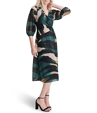 DKNY by Donna Karan Printed V-Neck 3/4 Balloon Sleeve Knot Side Flounce Hem Dress