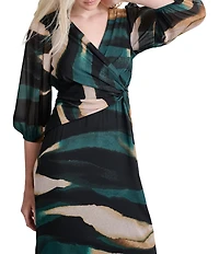 DKNY by Donna Karan Printed V-Neck 3/4 Balloon Sleeve Knot Side Flounce Hem Dress