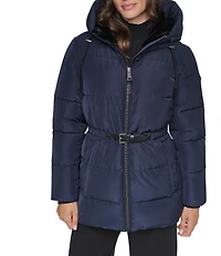 DKNY Quilt Attached Hood Belted Zip Front Puffer Jacket