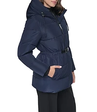 DKNY Quilt Attached Hood Belted Zip Front Puffer Jacket