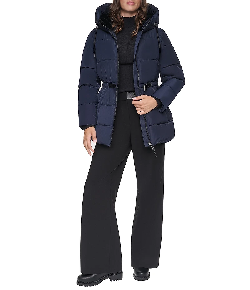 DKNY Quilt Attached Hood Belted Zip Front Puffer Jacket
