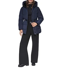 DKNY Quilt Attached Hood Belted Zip Front Puffer Jacket