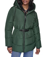 DKNY Quilt Attached Hood Belted Zip Front Puffer Jacket