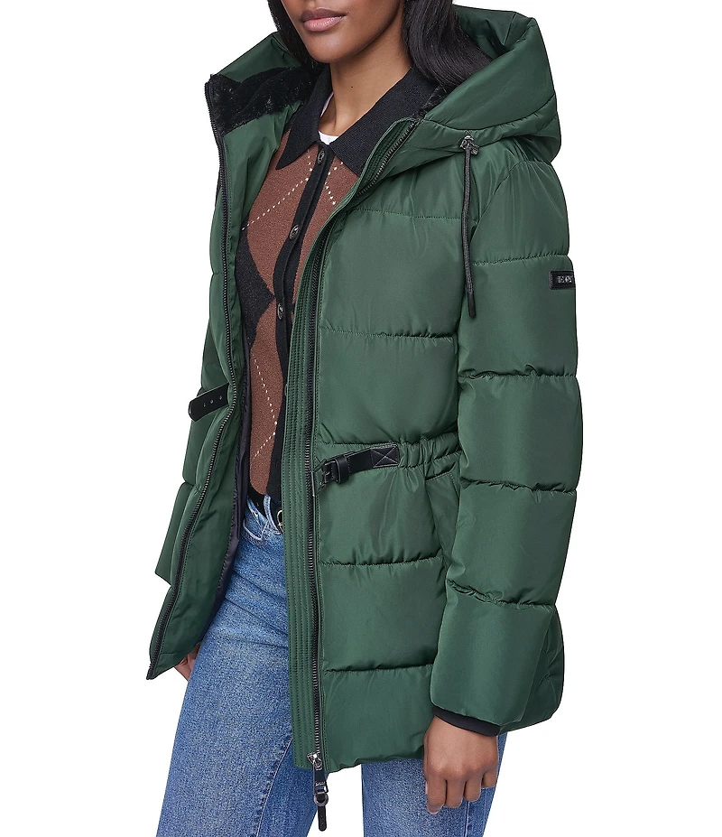 DKNY Quilt Attached Hood Belted Zip Front Puffer Jacket