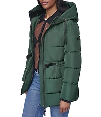 DKNY Quilt Attached Hood Belted Zip Front Puffer Jacket