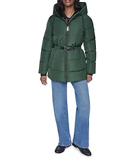 DKNY Quilt Attached Hood Belted Zip Front Puffer Jacket