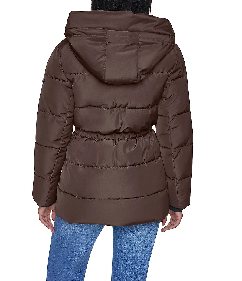 DKNY Quilt Attached Hood Belted Zip Front Puffer Jacket