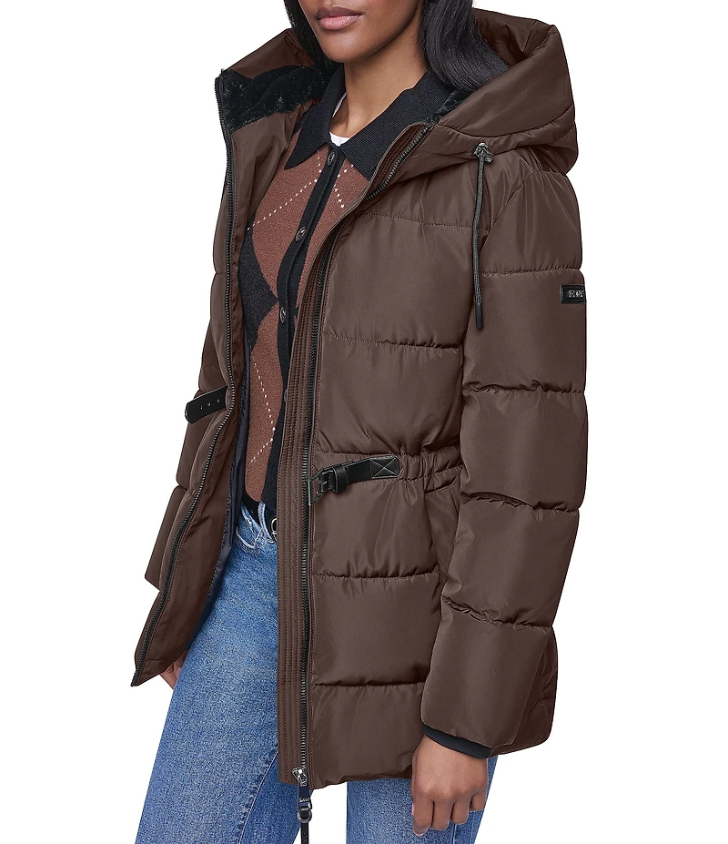 DKNY Quilt Attached Hood Belted Zip Front Puffer Jacket