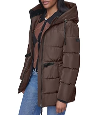 DKNY Quilt Attached Hood Belted Zip Front Puffer Jacket