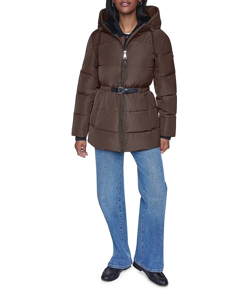 DKNY Quilt Attached Hood Belted Zip Front Puffer Jacket
