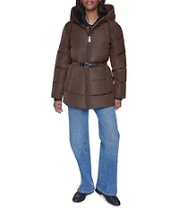 DKNY Quilt Attached Hood Belted Zip Front Puffer Jacket