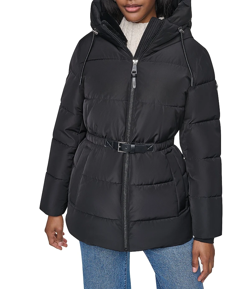 DKNY Quilt Attached Hood Belted Zip Front Puffer Jacket
