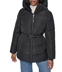 DKNY Quilt Attached Hood Belted Zip Front Puffer Jacket