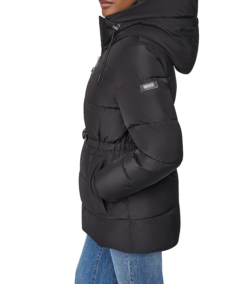 DKNY Quilt Attached Hood Belted Zip Front Puffer Jacket