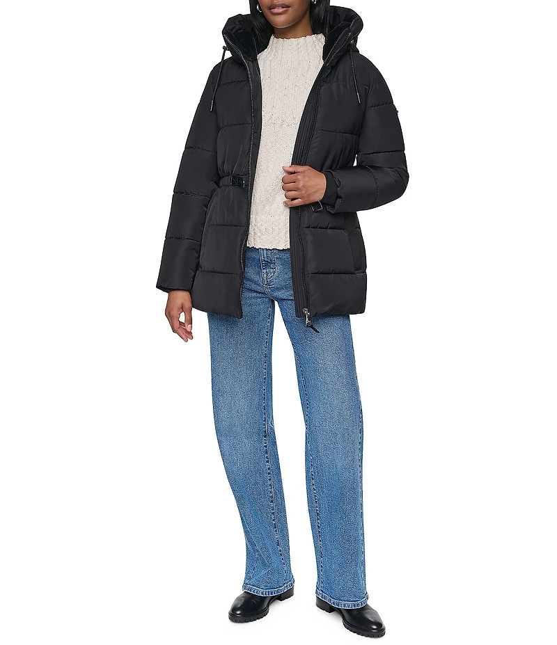 DKNY Quilt Attached Hood Belted Zip Front Puffer Jacket