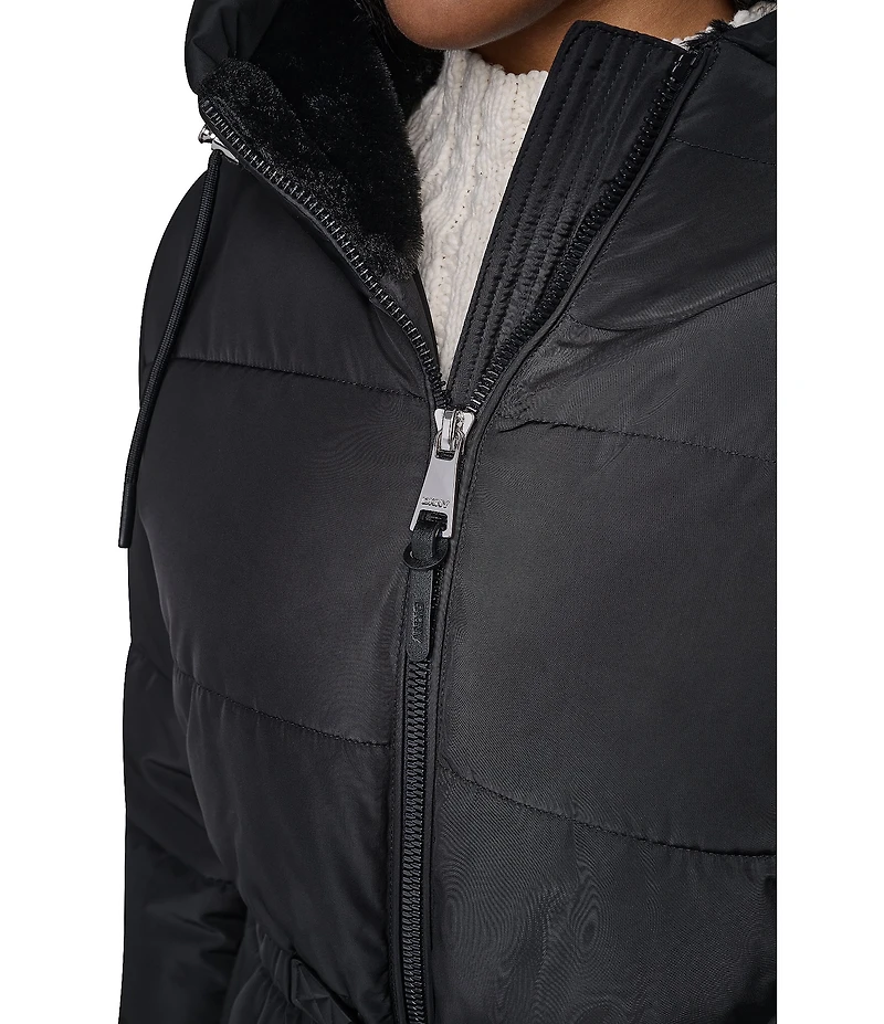DKNY Quilt Attached Hood Belted Zip Front Puffer Jacket