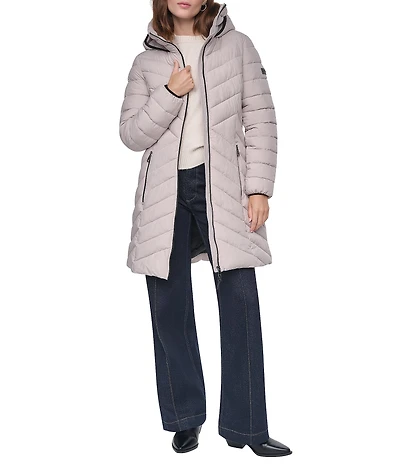 DKNY Quilted Funnel Collar Hooded Zip Front Puffer Jacket