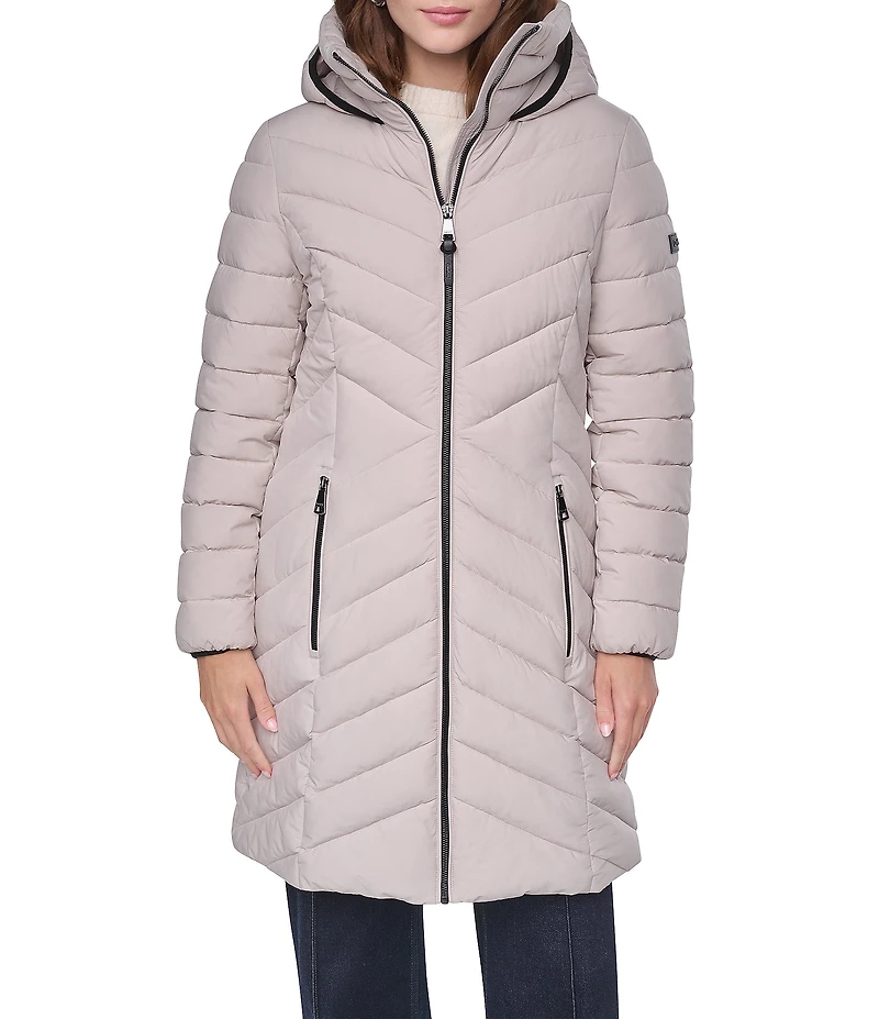 DKNY Quilted Funnel Collar Hooded Zip Front Puffer Jacket
