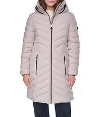 DKNY Quilted Funnel Collar Hooded Zip Front Puffer Jacket
