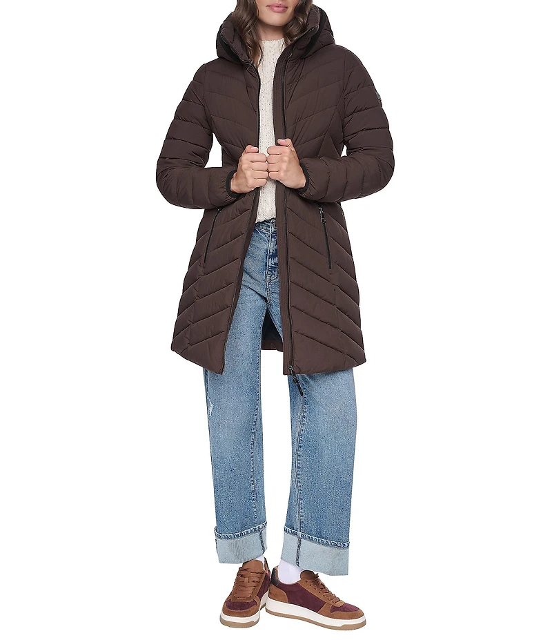 DKNY Quilted Funnel Collar Hooded Zip Front Puffer Jacket