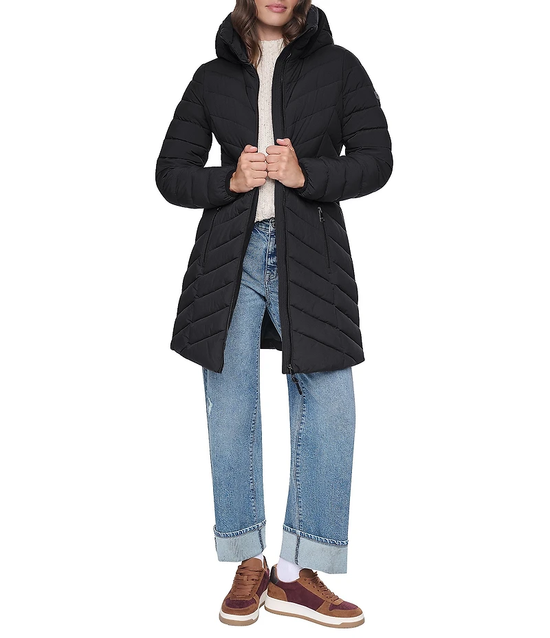 DKNY Quilted Funnel Collar Hooded Zip Front Puffer Jacket