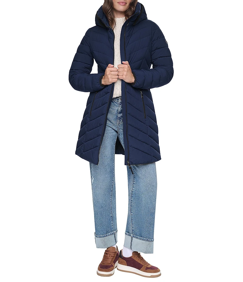 DKNY Quilted Funnel Collar Hooded Zip Front Puffer Jacket