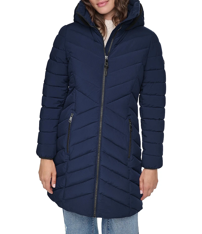 DKNY Quilted Funnel Collar Hooded Zip Front Puffer Jacket