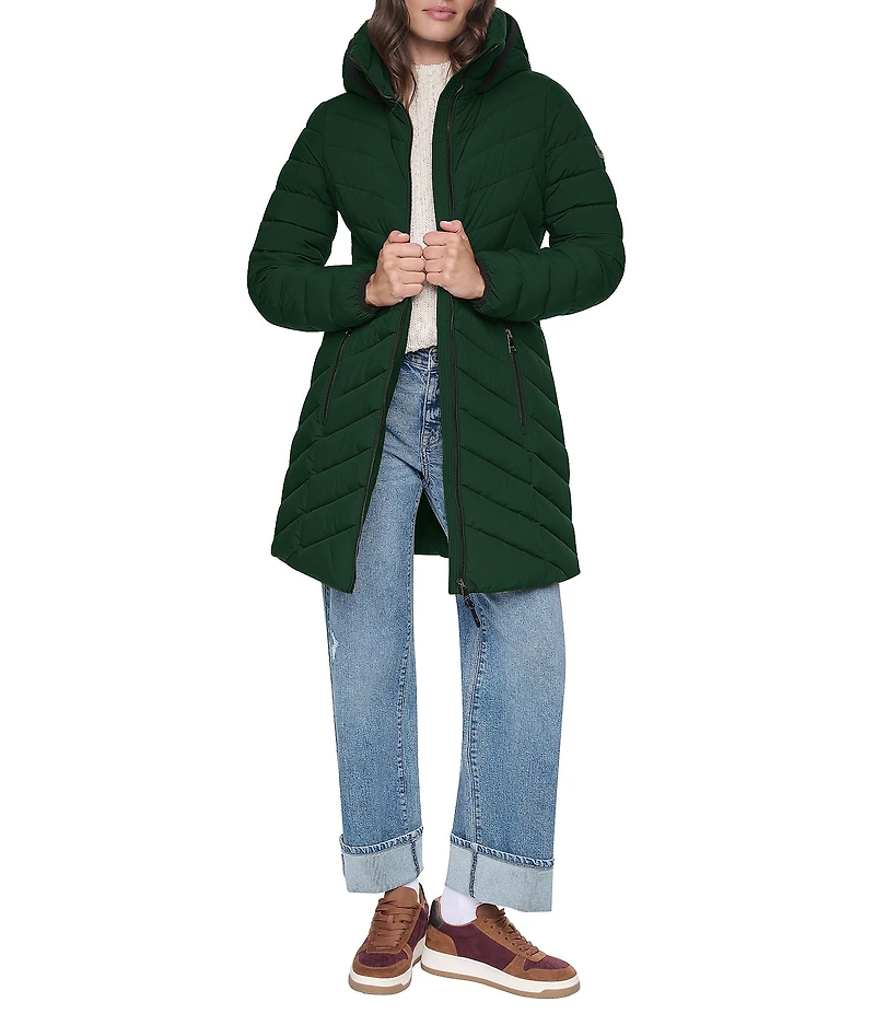 DKNY Quilted Funnel Collar Hooded Zip Front Puffer Jacket