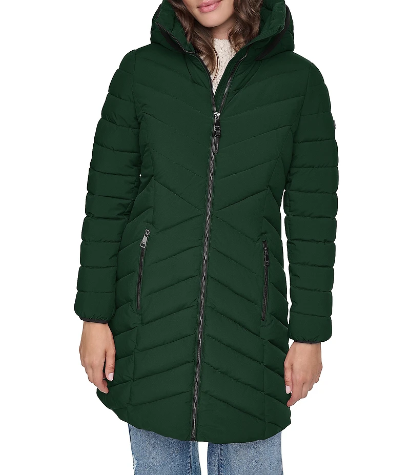 DKNY Quilted Funnel Collar Hooded Zip Front Puffer Jacket